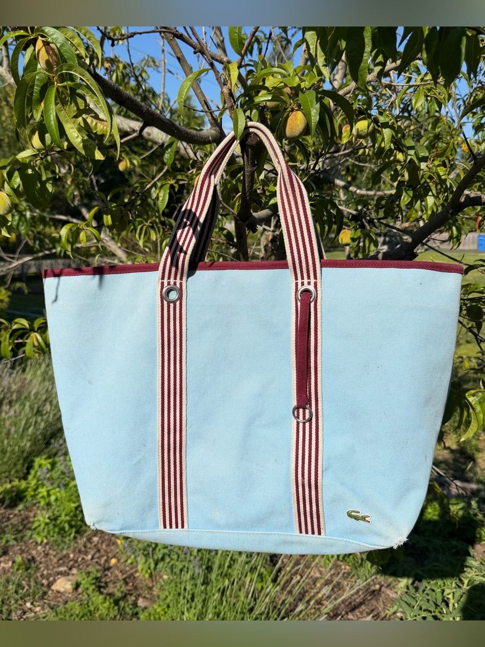Vintage Y2K Lacoste Light Blue Canvas Tote with Burgundy Striped Handles